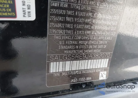 2018 Land Rover Range Rover 5.0L V8 Supercharged z USA, uszkodzony, nr VIN SALGS5RE9JA382070